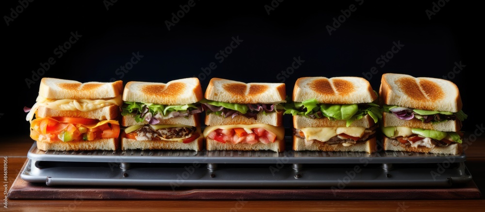 Poster close-up view of a delicious sandwich placed on a metal tray on a table. a sandwich maker is seen fi