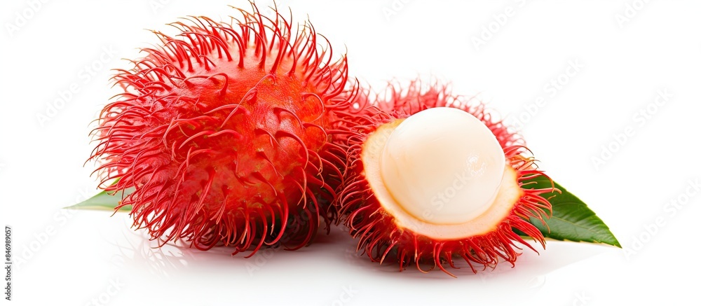 Poster rambutan fruit showcasing its vibrant red skin and juicy white flesh, isolated on a pristine white b
