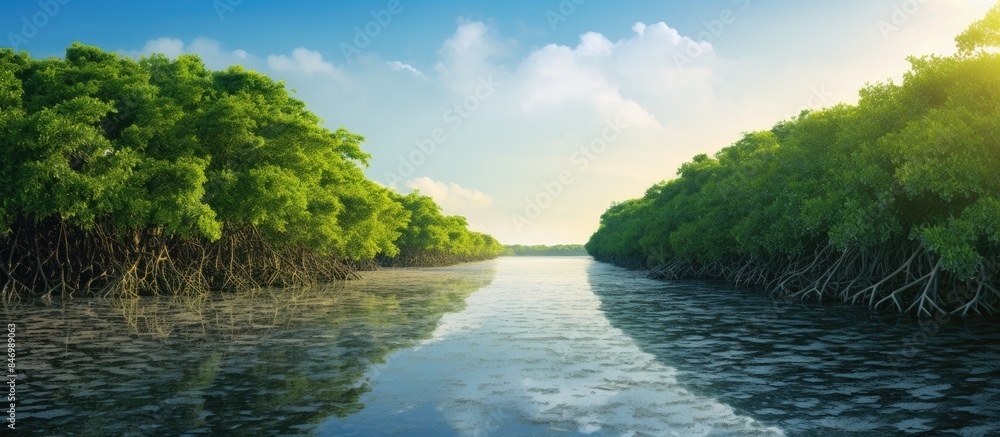 Poster A serene view of a river surrounded by lush trees, emphasizing the importance of mangrove forest conservation for future generations. with copy space image. Place for adding text or design