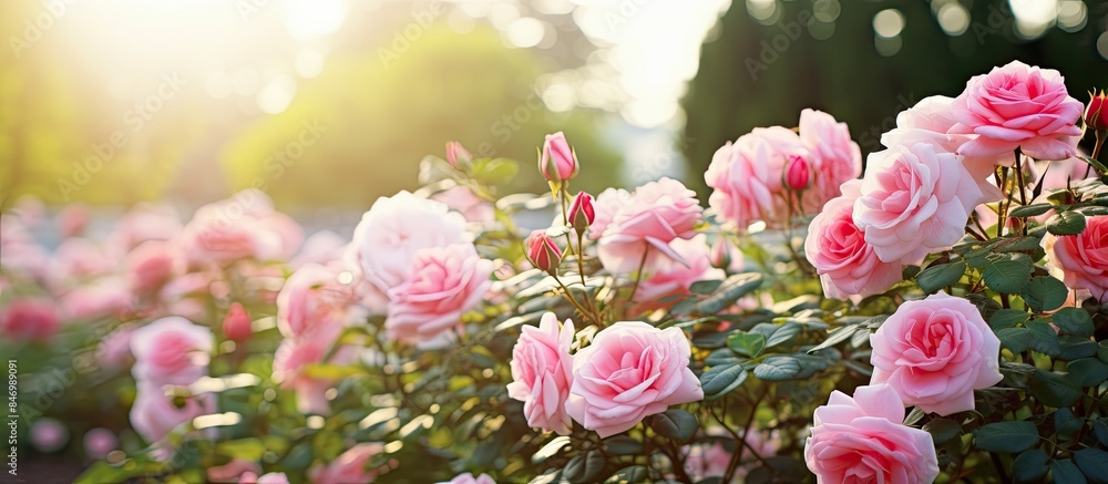 Aufkleber pink roses flourishing in a sunlit garden with radiant sunlight creating a picturesque scene. with c