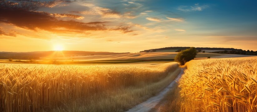 A scenic rural landscape at sunset with a dirt road meandering through fields of golden wheat. with copy space image. Place for adding text or design