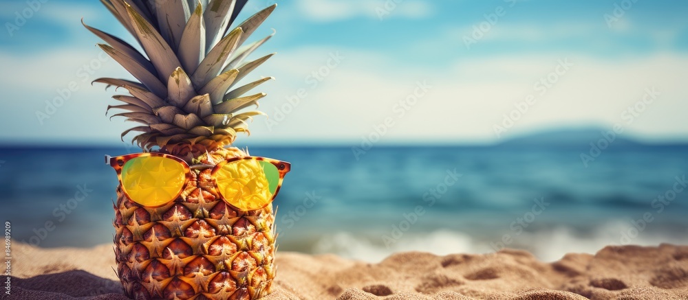 Poster pineapple with stylish sunglasses relaxing near the water on a sandy beach, embodying a tropical vac