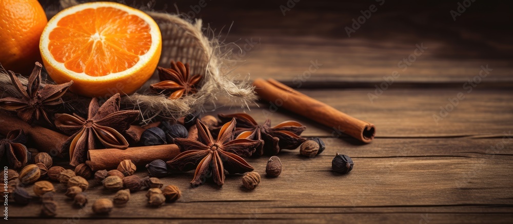 Poster oranges, cinnamon, anise, and cloves displayed on a rustic wooden table, creating a warm and invitin