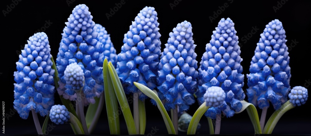 Leinwandbilder group of vivid blue flowers contrasting against a black background, adding a pop of color. with copy