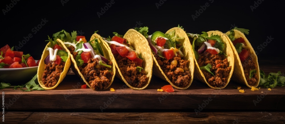 Aufkleber delicious tacos filled with savory beef, fresh tomatoes, and crispy lettuce arranged on a rustic woo