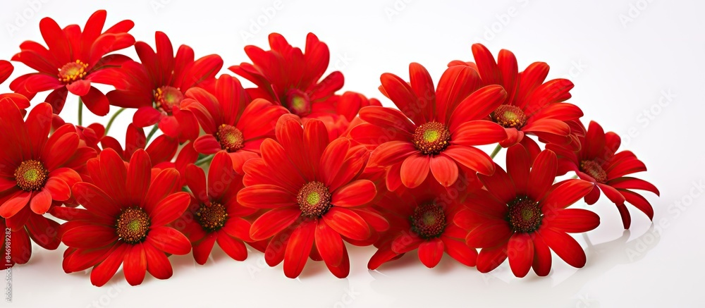 Poster red flowers displayed in a white vase placed on a table, creating a vibrant contrast. with copy spac