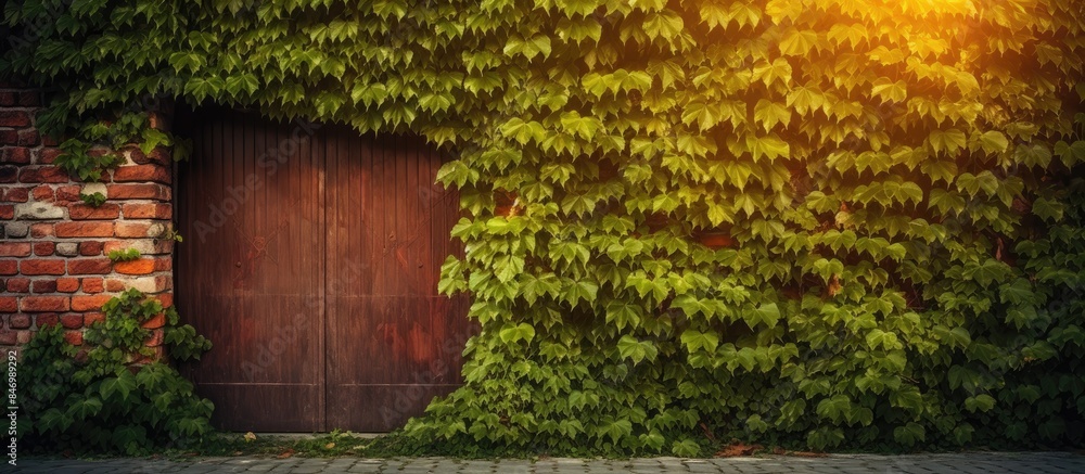 Poster Close-up of weathered brick wall with a wooden door entwined with green vines, highlighting a rustic ambiance under the setting sun. with copy space image. Place for adding text or design