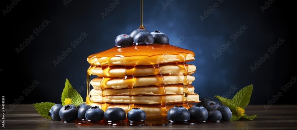Poster a close-up view of a delicious stack of pancakes topped with fresh blueberries and drizzled with syr