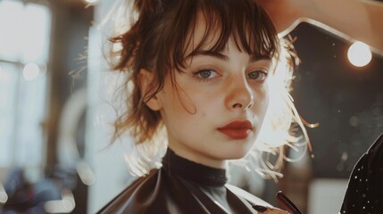 Fototapeta premium A young woman with brown hair, styled in a messy bun with bangs, sits in a salon. She is looking directly at the camera, her gaze intense. The setting is a dimly lit salon with a blurred background.