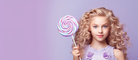 Fototapeta premium Young girl holding a large lollipop candy with surreal art concept on light purple backdrop. with copy space image. Place for adding text or design