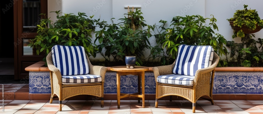 Poster outdoor furniture placed on a tiled terrace with lush green plants in the background. with copy spac