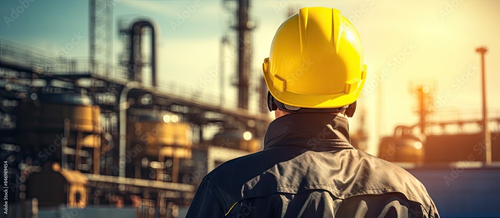 Poster A man wearing a hard hat is carefully examining a factory structure. with copy space image. Place for adding text or design