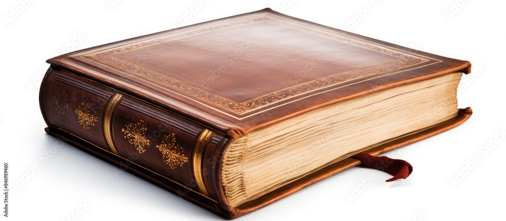Poster vintage book featuring a weathered leather cover adorned with a crimson ribbon, presented isolated o