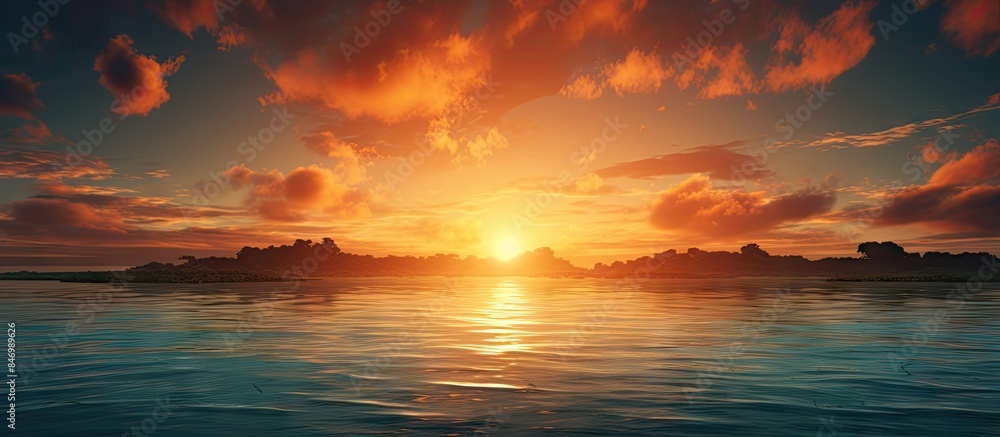 Fototapete Sunset creating a stunning view over the ocean with a small island visible in the distance. with copy space image. Place for adding text or design