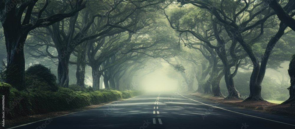 Poster scenic view of a rustic dirt road surrounded by abundant foliage, creating a tranquil natural tunnel