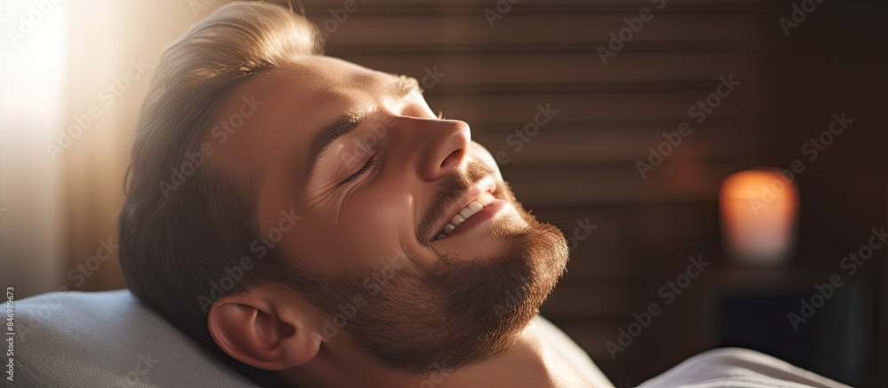 Poster Relaxed man laying in bed with eyes shut, candle glowing in the backdrop. with copy space image. Place for adding text or design