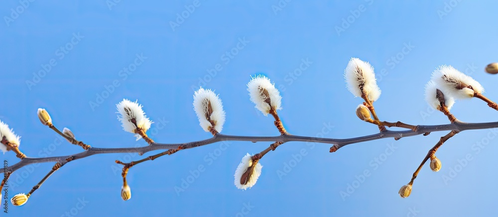 Fototapete Close-up view of a tree branch adorned with a cluster of white blossoms. with copy space image. Place for adding text or design