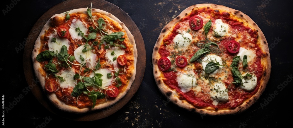 Fototapete Two delicious pizzas topped with fresh spinach and melted cheese displayed on a wooden table. with copy space image. Place for adding text or design