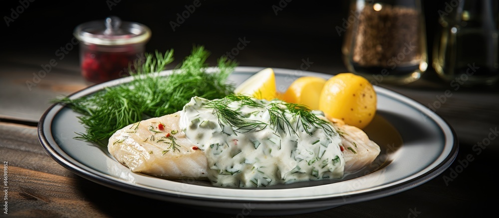 Aufkleber Steamed fish fillet with dill sauce served alongside boiled potatoes on a plate. with copy space image. Place for adding text or design