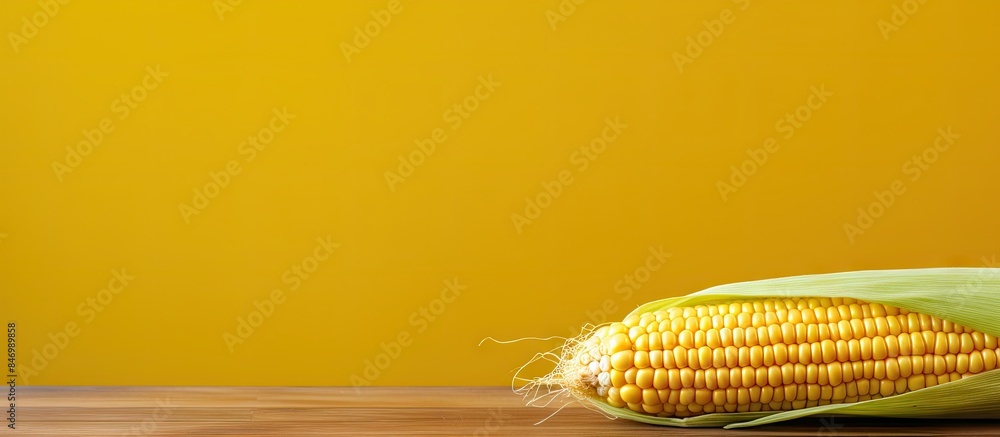 Aufkleber Single ear of corn resting on a table with a vibrant yellow background. with copy space image. Place for adding text or design