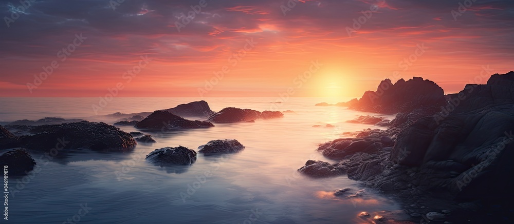 Aufkleber Scenic ocean sunset with rocks in the foreground and water reflecting the sky's colors. with copy space image. Place for adding text or design