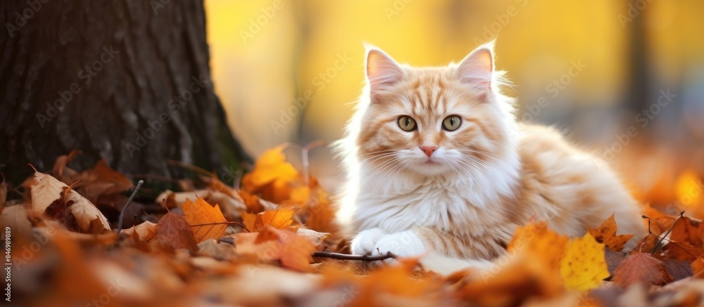 Aufkleber three-colored cat enjoying the park outdoors, nestled in fallen leaves during chilly weather. with c