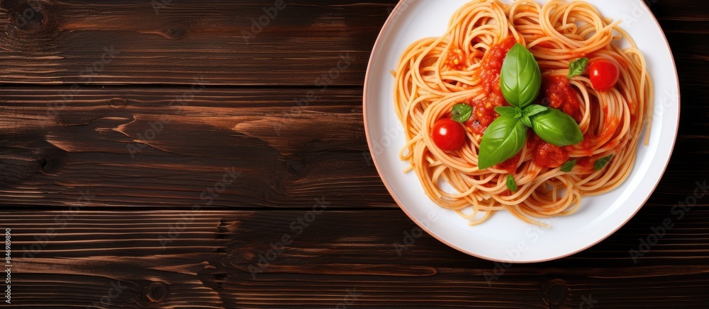 Poster spaghetti served on a plate with fresh basil leaves and ripe tomatoes as toppings. with copy space i