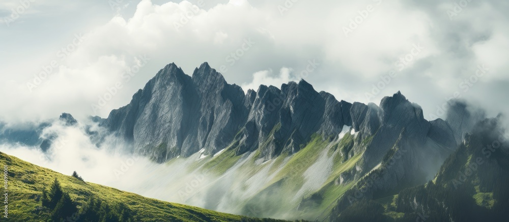 Poster A lone individual walking on a hill surrounded by majestic mountains with a few clouds in the sky. with copy space image. Place for adding text or design