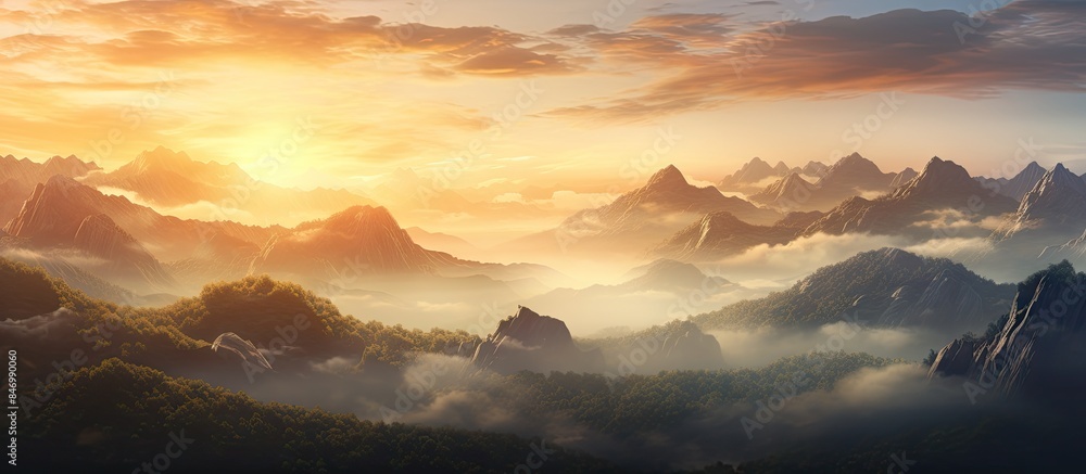 Poster morning sunlight casts a golden glow on majestic mountains against a tranquil sky. with copy space i