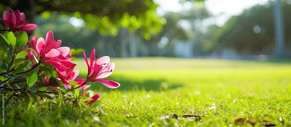 Leinwandbilder pink blooming flowers scattered in the lush green grass of a park with a soft focus background. with