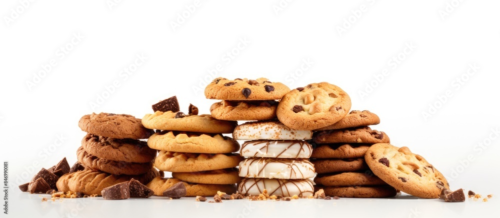 Fototapete Heap of chocolate chip cookies in a close-up view, isolated on a plain background. with copy space image. Place for adding text or design