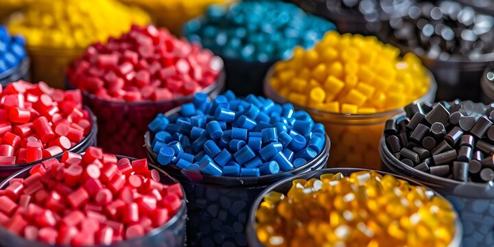Assorted colors of high-density polyethylene pellets for industrial use. Concept HDPE Pellets, Industrial Materials, Plastic Manufacturing, Color Variety, Raw Material