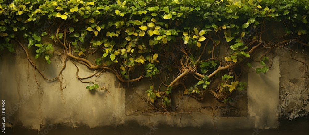 Poster banyan sprouts from alley wall, showcasing a growing plant. with copy space image. place for adding 