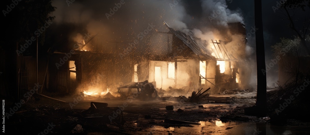 Aufkleber intense close-up of a house engulfed in flames, emitting thick smoke and flames. with copy space ima