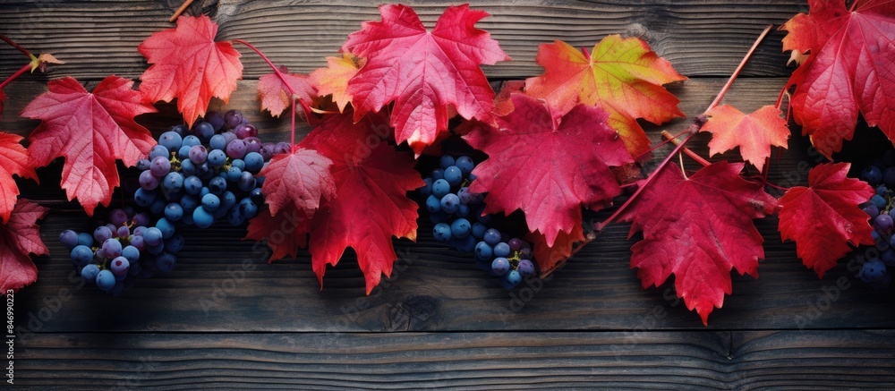 Poster a detailed view of a cluster of grapes surrounded by vibrant red leaves in a natural autumn setting.