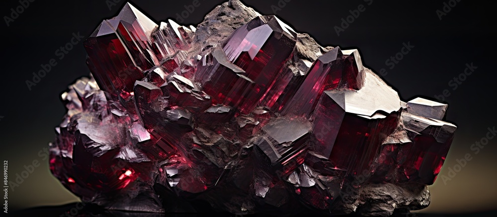 Poster Close-up image of a group of vivid red crystals situated on a dark black surface, identified as Proustite from Jachymov, Czech Republic. with copy space image. Place for adding text or design
