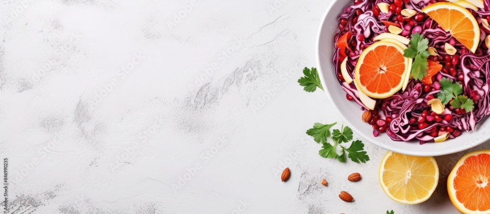 Poster a detailed view of a bowl filled with fresh oranges and assorted fruits, creating a vibrant and heal