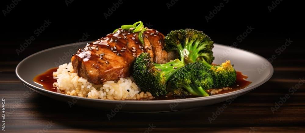 Leinwandbilder close-up of a dish featuring steamed pork thighs in balsamic vinegar sauce served with roasted brocc