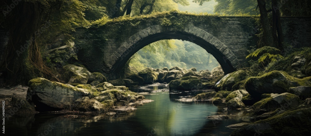 Poster An aged bridge gracefully stretches across a tranquil river in a scenic natural setting. with copy space image. Place for adding text or design