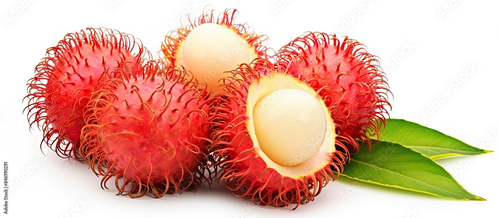 Poster close-up view of a rambutan fruit with a leaf on a plain white background, isolated with clipping pa