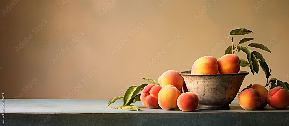 Leinwandbilder Fresh peaches arranged in a bowl displayed on a wooden table for a simple and natural still life setup. with copy space image. Place for adding text or design