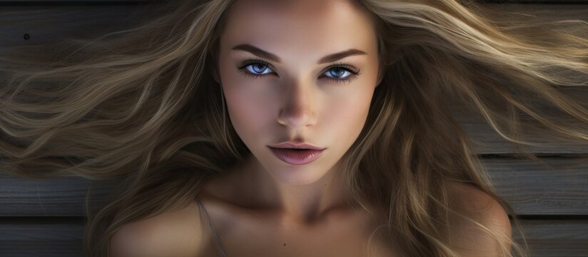 Attractive female with captivating gaze looks seductively at the camera from a higher angle. with copy space image. Place for adding text or design