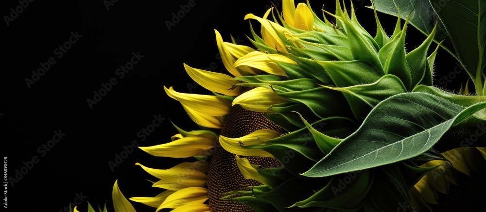 Leinwandbilder vegetative apex of a vibrant sunflower plant with two blooms standing in the dark. with copy space i