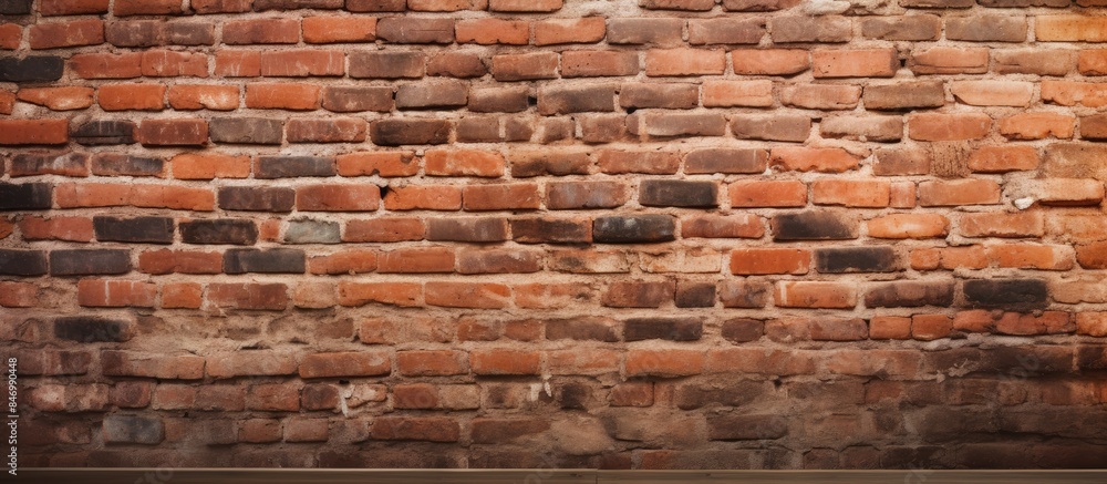 Poster wooden shelf beautifully mounted on a detailed red brick wall creates a rustic aesthetic. with copy 