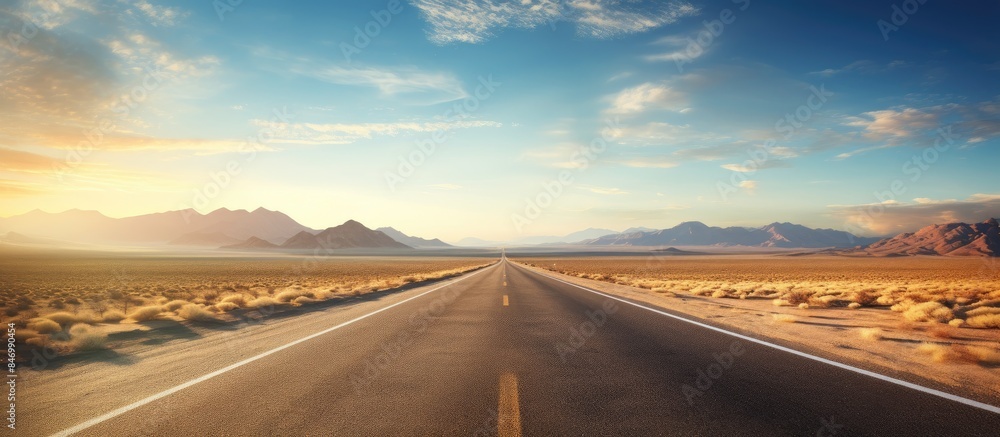 Aufkleber desolate desert landscape with a road stretching towards towering mountains in the distance. with co