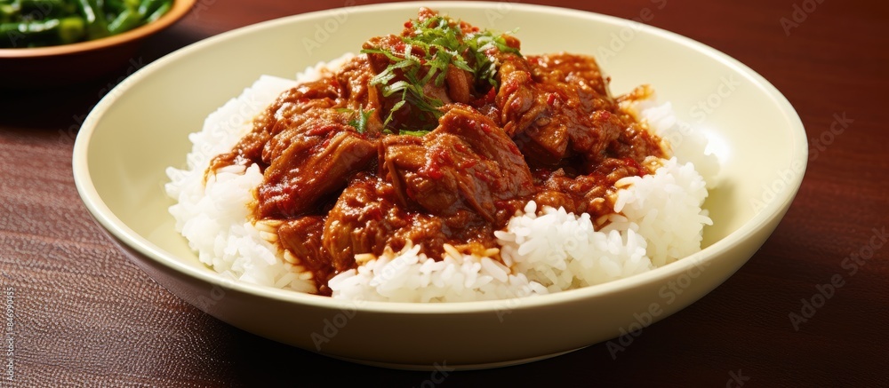 Aufkleber A meal of rice with a variety of vegetables, meat, and flavorful mackerel chili paste mixed in for a tasty twist. with copy space image. Place for adding text or design