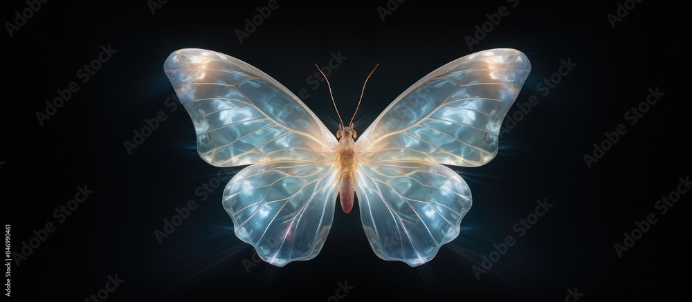 Aufkleber Vibrant close-up of a butterfly adorned with shimmering light on its delicate wings, resembling mother of pearl. with copy space image. Place for adding text or design