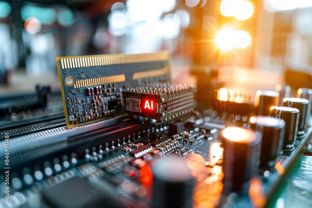 Poster advanced ai processor on a circuit board, illuminated by warm lights, showcasing technological innov