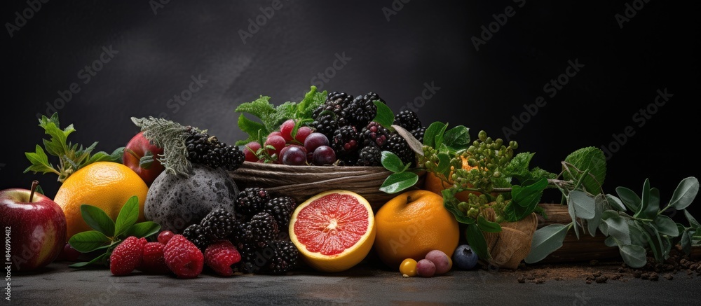 Poster Various fruits and vegetables showcased in a basket on a table, highlighting their vibrant colors and textures. with copy space image. Place for adding text or design