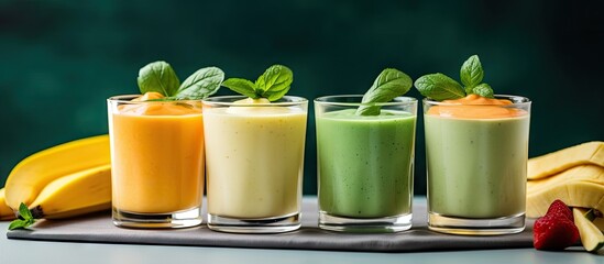Fototapeta premium A tray holding three glasses of delicious smoothies made with various fruits and vegetables. with copy space image. Place for adding text or design